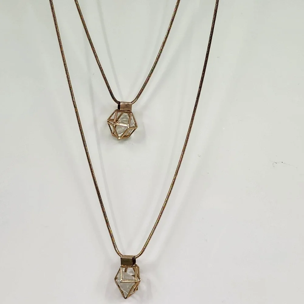 Gold Tone Layered Necklace Set 2 Clear Faceted Geometric Cage Pendants Gift